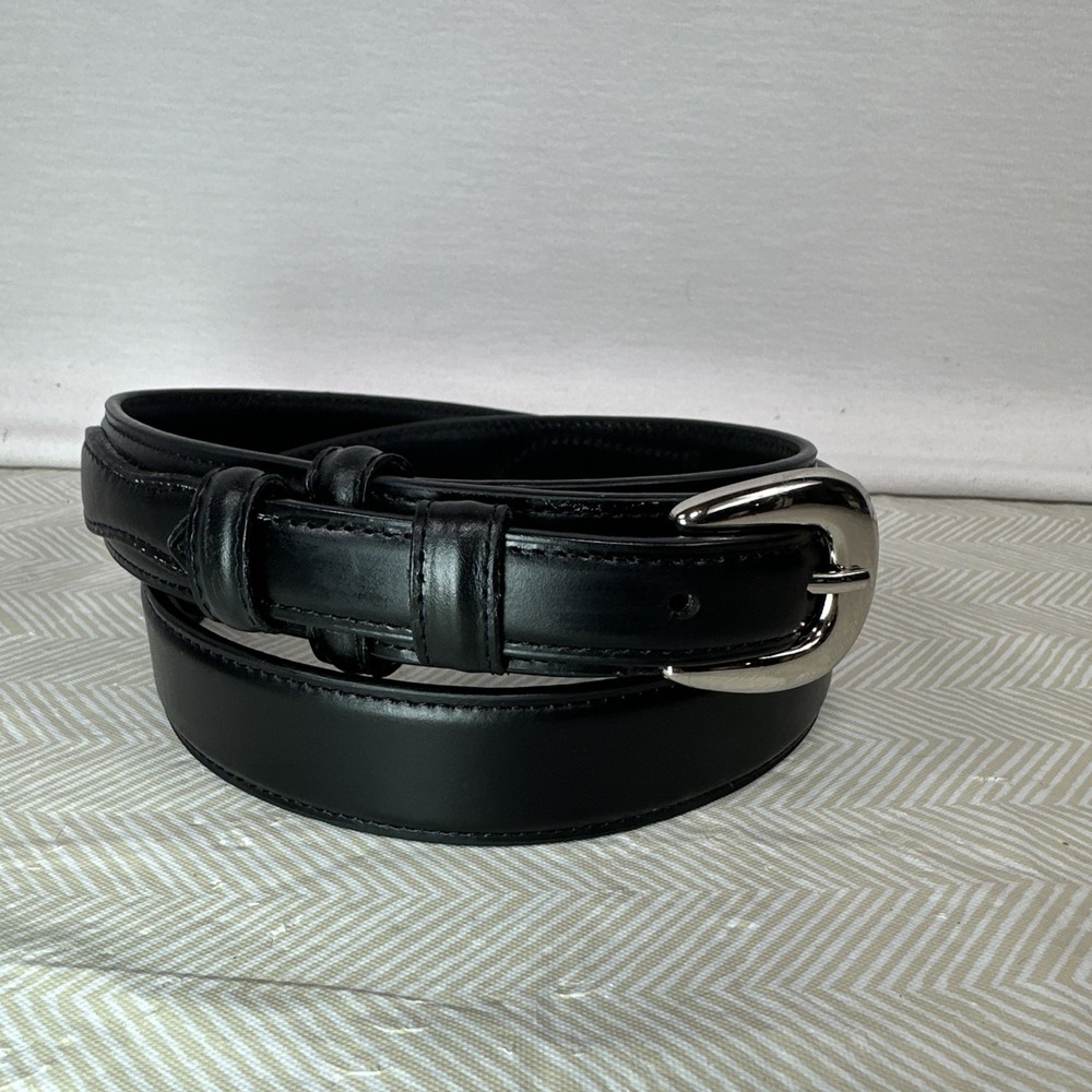 Top Grain Leather Belt‎ Mens 36 Black Silver Buckle Smooth Over Under